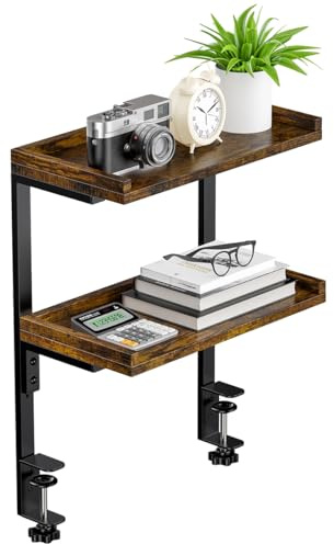 THYGIFTREE 2 Tier Clamp On Desk Shelf Organiser, 31.8 x 16.7 cm Gaming Desk Extender Accessories, Home Office Accessories Desktop Storage Rack for Gaming Setup, Small Space, Books, Plants (Brown)