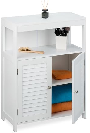 Relaxdays Badrumsskåp, 80 x 60 x 29 cm, toalettskåp med justerbar hylla, 2 dörrar och öppen låda, MDF, vit, fiberskiva