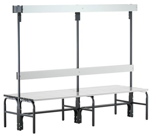 Sypro Umkleidebank für Nassräume mit Rückenlehne | Doppelseitig | Aluminium | 3 Längen | Sitzhöhe 45 cm | Höhe Hakenleiste 165 cm | Sehr guter Sitzkomfort | Edelstahlgestell