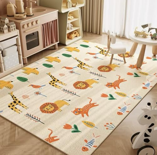 Kinderteppich Waschbar Teppiche Fußmatte für Wohnzimmer Schlafzimmer Kinder Blau Spielteppich Krabbelmatte Teenager Junge Kinderteppich Spielteppich Babymatte Weich Tier Löwe (Beige 2, 100x120cm)