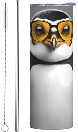 YYHWHJDE Tazza in acciaio inox con stampa pinguino con occhiali, 590 ml, con cannuccia, adatta per bar, uffici, auto, case, ecc