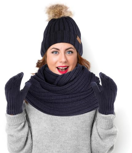 Damen Strickset Winter Samt gefüttert Beanie Loop Schal Touchscreen Handschuhe für kaltes Wetter, marineblau, One size