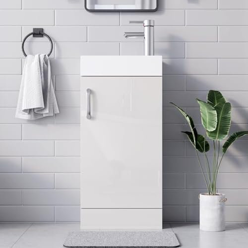 BELOFAY 400mm Floor Standing Bathroom Vanity Unit With Basin - Slim Waterproof Laquered Cloakroom Vanity Unit with 1 Tap Hole Ceramic Basin & Waste | Reversible Tap Fitting (New York White)