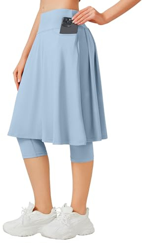 ANIVIVO 24 Long Knee Length Skirted Leggings for Women,Modest Athletic Skirt with Leggings Pleated Workout Skirt Zipper Pockets(Lightblue,M)