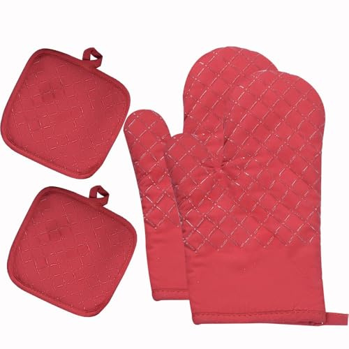 Ofenhandschuhe, hitzebeständige Grillhandschuhe, extra dicke lange Baumwoll-Ofenhandschuhe, Silikon, rutschfeste Küchenhandschuhe, zum Kochen, Backen und Grillen (rot)