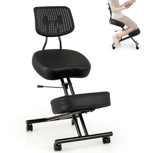 CASART Ergonomic Kneeling Chair with Back Support, Height Adjustable Desk Stool with Thick Cushion & Wheels, Metal Frame Orthopaedic Posture Chairs for Home Office