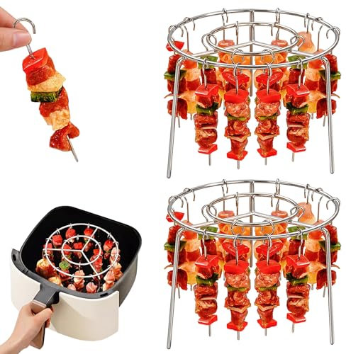 Dayinkes 2 soportes redondos para freidora de aire, soporte para brochetas de freidora de aire de 6 pulgadas, accesorios de acero inoxidable para colgar en horno, con 24 pinchos, parrilla