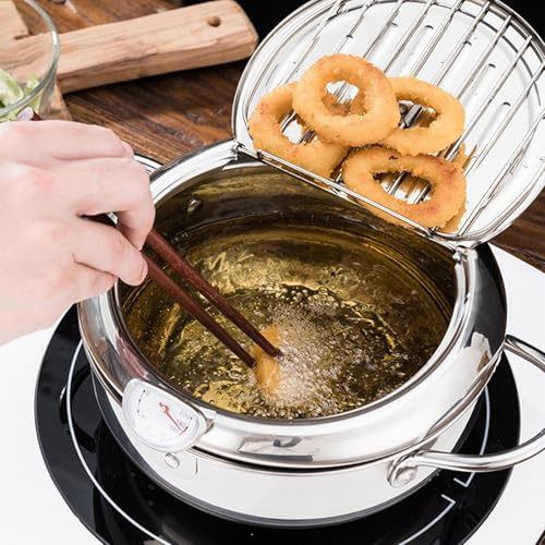 Fritös gryta, frityrgryta i rostfritt stål med termometer, lock och oljeavloppsstativ, Tempura fritös gryta för kök Pommes frites kycklingvingar och räkor (24 cm)