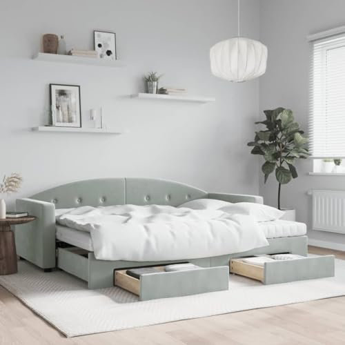 Fasba Tagesbett Ausziehbar Sofa Gästebett Sofabett Bett Bettsofa Schlafsofa Lattenrost Ausziehbett Bettgestell mit Schubladen Hellgrau 80x200 cm Samt