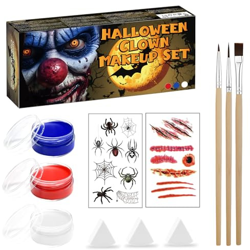 ALLONY Peinture Corporelle, Kit de Maquillage pour Halloween, Peinture Visage, Faux Tatouage, Bleu Rouge Blanc Body Painting, Maquillage Halloween pour Visage, Carnaval Théâtre Cosplay Fantaisie Clown