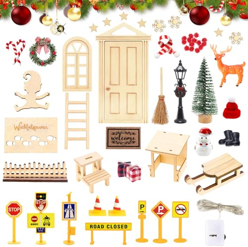 ePicsoa Wichteltür Set 57 Stück - Weihnachten Wichtel Zubehör Set mit Baustelle, Licht und Zäun Kranz, Miniatur Wichtel Zubehör, Weihnachtswichtel Set für Weihnachtsdekoration