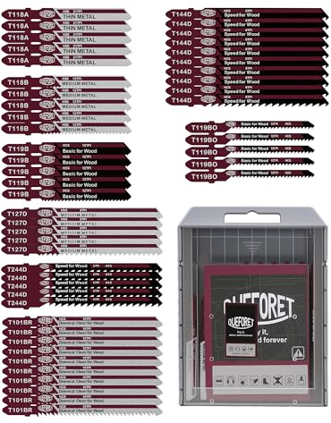 QUEFORET Jigsaw Blades for Metal Wood and Plastic 50pcs - Jigsaw Accessories for Straight/Curved Cut, T118A/T118B/T127D/T119B/T119BO/T244D x 5pcs, T101BR/T144D x 10pcs, T Shank