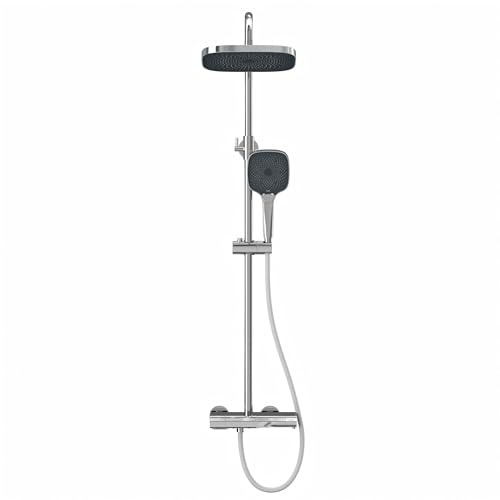 EMKE Duschsystem mit Thermostat, 260 x 260 mm Regendusche mit Armatur, Duscharmatur Komplettset mit Handbrause (3 Strahlarten), Regendusche Duschset, Verstellbarer Brausestange Schlauch, KTW, Chrom