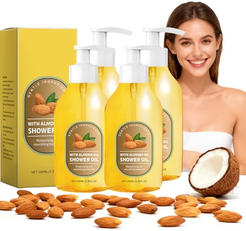 Coconut Oil Body Shower Oil, Moisturising Body Wash for Dry & Sensitive Skin, Hydrating Skin Cleanser with Coconut & Almond Oils, Fast Absorbing Non-Greasy Finish, Natural Glow & Radiance (4pcs)