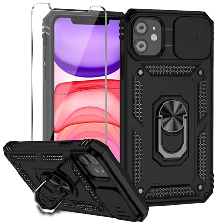 Damtong for iPhone 12/12 Pro Phone Case with Camera Cover Black | Phone Case with Camera Cover and Screen Protector, Rotatable Kickstand Military Grade Dual Layer Shockproof Drop Protection
