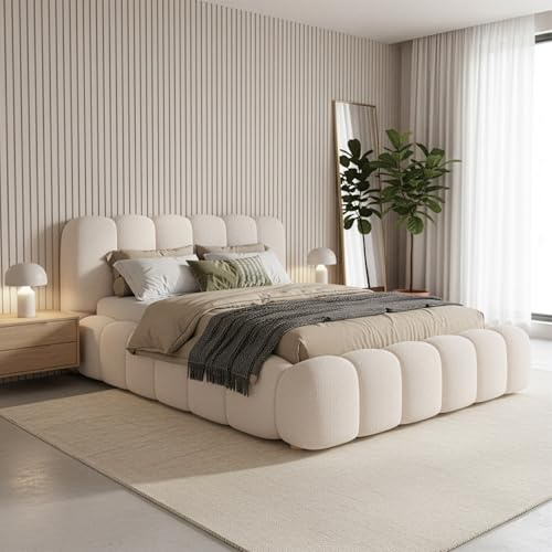 Juskys Polsterbett Catania - Modernes Bubble Design, gepolstertes Kopfteil, stabile Kontruktion- 140 x 200 cm - Creme