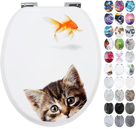 Fanmitrk Abattant de WC avec système d'abaissement automatique - Stable et ne bouge pas - Noyau en bois MDF - Montage facile - Nombreux motifs (chat)