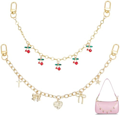 BEAMARKER 2Pcs 2 Style Gold Tasche Charms Set 32 cm Deko Tasche Kette Doppelschnalle Curve Link Kette Geldbörse Schlüsselanhänger Zubehör mit Kirschherz Bowknot Charm für Handtasche CrossboSchulter