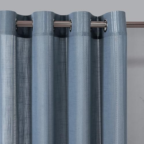 MYSKY HOME Leinenvorhang Blau Gardinen Dunstblau Kinderzimmer Jungen Boy-mit Ösen Boho Vintage Web-Löchern Makramee Häkelgardine für Schlafzimmer Ankleidezimmer Halbtransparent Landhaus 2PC 140x240cm