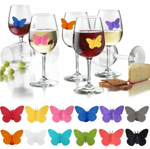 FooYee 12pcs Glasmarker Silikon,Glasmarkierer,Wiederverwendbare Schmetterlings Glas Identifikations,Party Weinglas Marker,Weinglaser Getränke Markierungen,Saugnapf für bar Party Tischdekorationen