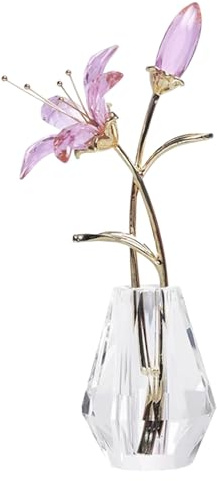 Rosa Kristall Lilienblüten Figur mit Stielen, Handgefertigte Lilien Glasblumen mit Kristallvase und Metallstielen, Kristallglas Ornament Deko für Paare, Heim-Party-Dekorationen