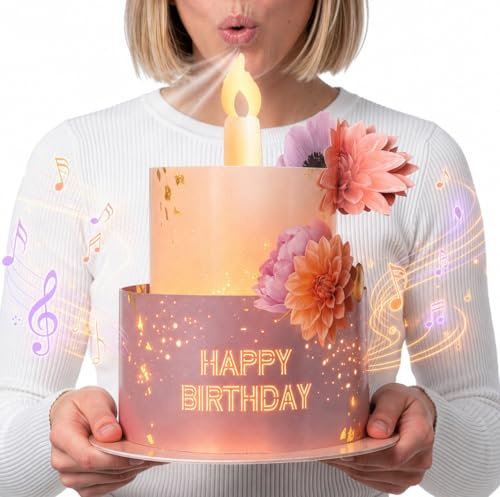 JoliCoon Tarjeta cumpleaños para mujer, música y luz, pop-up 3D, 20 x 24 cm | Cartón resistente, tarta desplegable, sobre de envío grande, tarjeta plegable pequeña para escribir