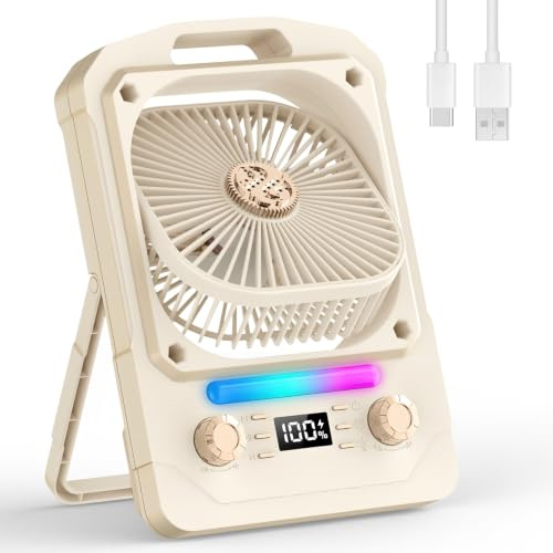 IERAKOR Ventilador Portatil Camping, Ventilador Mesa con Luz LED de 7 colores, 100 Velocidades, Altavoz Bluetooth, Temporizador 8H, Recargable Silencioso, para Casa, Tienda, Viaje | 100 velocidades, luz LED de 7 colores, temporizador de 8 horas, ventilador USB para camping, hogar, oficina, viaje