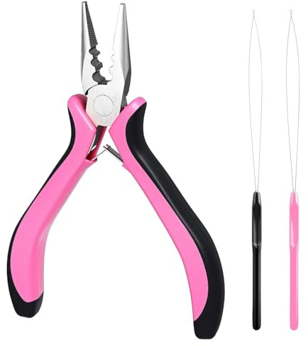 Hair Extension Pliers, 3-Hole Hair Extension Tools Set with 2PCS Clamp for Micro Nano Rings, Pink Tool for Extension Application Removal