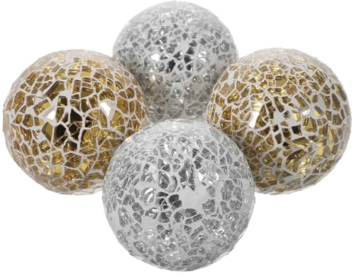RORPOIR Decoración Bolas de Mosaico, 4 Esferas de Cristal (2 Doradas y 2 Plateadas), para Centros de Mesa y Uso en Eventos y Fotografía