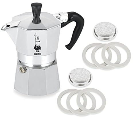 Bialetti Moka Express #06799 - Macchina per caffè espresso da 3 tazze 06960, sei guarnizioni di ricambio e due piastre filtranti di ricambio