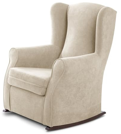 SUEÑOS ZZZ - Balancín Irene, sillón orejero de lactancia tapizado en tela anti manchas color Beige con balancín lacado en color wengué. Mecedora para dormitorio, salón o habitación de bebé