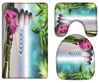 A.Monamour Badezimmer Badematte 3 Teilig Set Yoga Meditation Zen Grün Pflanzen Orchidee Blume Steine ​​Steine ​​Flanell Saugfähig Badteppiche Badvorleger Badgarnitur WC Vorleger