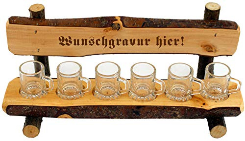 Geschenkissimo Schnapsbank mit Gravur - Name oder Spruch - aus Holz mit 6 Schnapsgläser in Bierkrug Optik, originelles Geschenk für Hochzeit, Silberhochzeit, Geburtstag, Stammtisch, Jubiläum ...