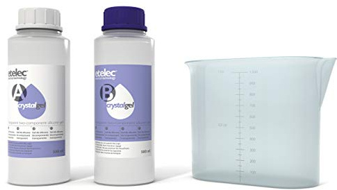 Kit CRYSTALGEL 1 litre, gel de silicone cristallin transparent bi-composant pour remplissage, isolation, étanchéité, boîtes de jonction, lot de 2 flacons de 500 ml + bidon
