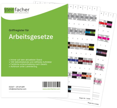 Steinfacher Griffregister für ARBEITSGESETZE - 148 bedruckte Aufkleber, inkl. Einklebeschablone für gebundene Textausgaben (ohne Folien | fest | mit Überschrift)