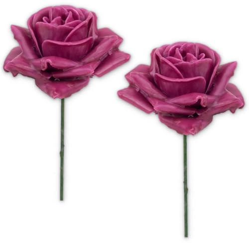 Kunstrosen-Blüten mit Stiel als künstliche Deko-Rosen aus Wachs - 2 rosa pink Rosenblüten wie echt für Blumengestecke Blumen-Dekoration - Wachsrosen als Kunstrosen Friedhof Grabschmuck