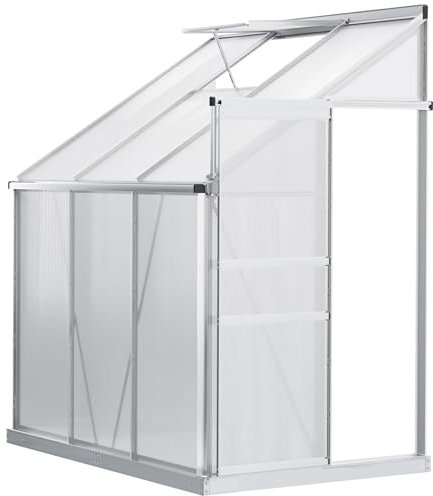 Outsunny 6 x 4ft Lean to Wall Polycarbonate Greenhouse Aluminium Walk-in Garden Greenhouse with Adjustable Roof Vent, Rain Gutter and Sliding Door, Clear