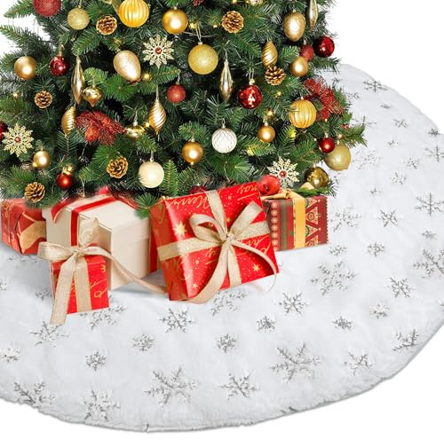 Weihnachtsbaum Decke Weiß 120cm, Christbaumdecke Tannenbaum Decke, Groß Christbaum Teppich Baumdecke Rund Silberne Schneeflocke, Plüsch Schneedecke Röcke Fell Weihnachtsbaumdecke Dekoration Rock