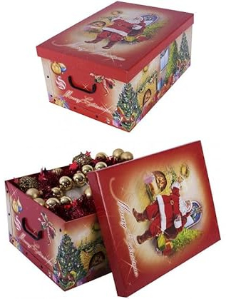 Kreher® 2 Stück Aufbewahrungsbox mit Deckel, Deko Papp-Karton, Stapelbox, 45 Liter mit Griffen, 51 x 37 x 24 cm (Weihnachtsmann)