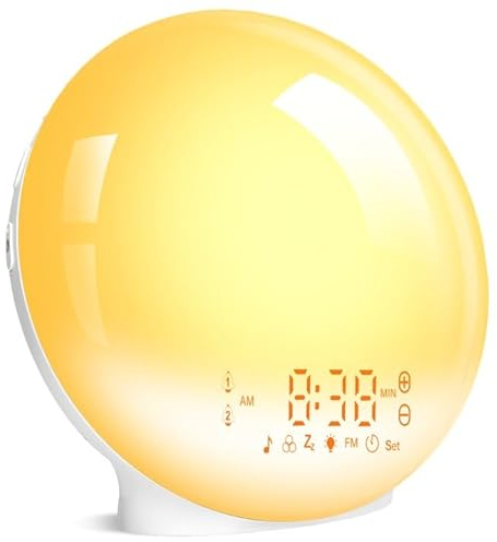 Togaga Lichtwecker, Tageslichtwecker, Sonnenaufgang Sonnenuntergang Simulation Wake Up Light mit Zwei Alarmen, Wecker Radio 7 Naturgeräusche,11 Farblicht 20 Helligkeit Nachttischlampe Erwachsene