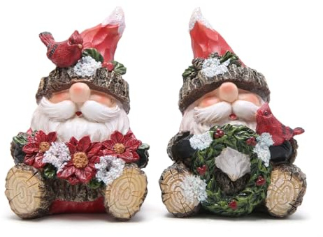 Hodao Christmas Santa Gnome Figurines, Set of 2 – Red Hat Woodland Gnomes with Cardinal, Poinsettia Bouquet & Holiday Wreath – Winter Decor & Gift for Tiered Tray, Mantel, Tabletop, Windowsill