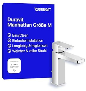 Duravit Manhattan wassersparende Waschtischarmatur, Größe M (Auslauf Höhe 116 mm), Wasserhahn Bad mit Zugstangen-Ablaufgarnitur, Armatur Waschbecken, Chrom