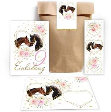 Minkocards 12 Einladungskarten zum 9. Kindergeburtstag Mädchen zwei Pferde Einladung neunte Geburtstag incl. 12 Umschläge, 12 Partytüten/natur, 12 Aufkleber, 12 Lesezeichen Einladungsset