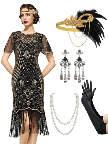 SWEETV 20er Jahre Kostüm Damen, Gatsby Kleid Damen mit 20er Jahre Kleid Accessoires, Charleston Flapper outfit