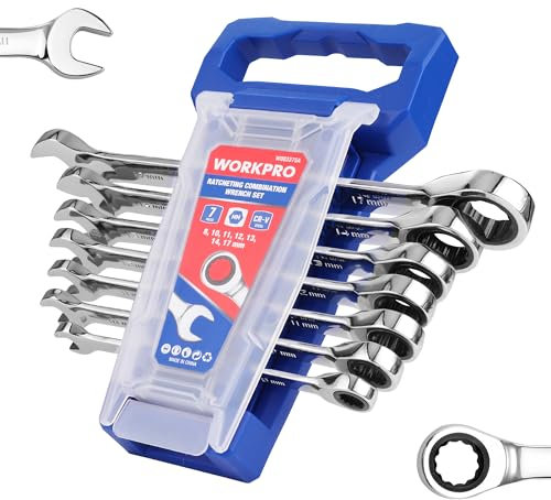 WORKPRO Ratcheting Wrench Set, Metric, 7-Piece Ratcheting Combination Wrench Set, 8mm, 10mm, 11mm, 12mm, 13mm, 14mm, 17mm, 12-Point, CR-V Steel, with Organizer Rack