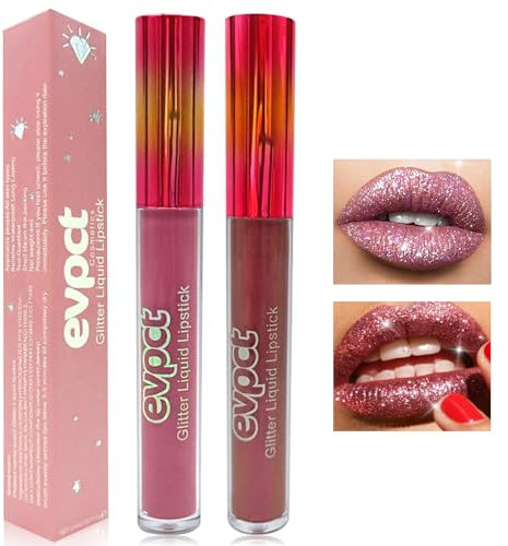 Likesing 2 Stück Glitzer Lippenstift Set Lipgloss 24 Stunden Halt Matte Lipstick Lip Gloss Long Lasting Lippenstift Pink Roter Lip Balm Make up Damen Lipgloss Geburtstage Geschenk (2 Stück (1,15))