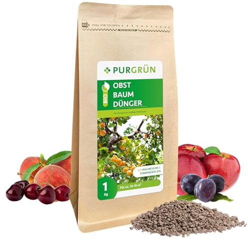 Purgrün® Bio-Obstbaum-Dünger 1 kg – Organisch-mineralische Rezeptur – Feinkörniges Krümelgranulat – NPK 6+3+8 – Mit Magnesium für große, aromatische Früchte – Verbessert die Bodenqualität