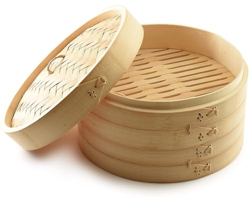 YORKSHIRE HOMEWARE 2 Tier Bamboo Steamer Set Two-Tier Food Steamer Basket Vegetable Steamer Bamboo Healthy Cooking for Vegetables, Dim Sum Dumplings, Buns, Chicken Fish And Meat