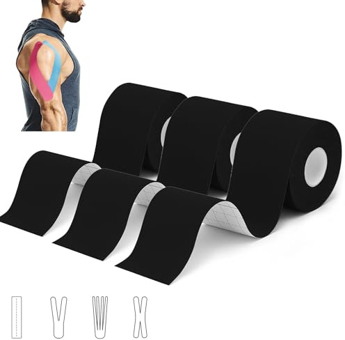 3 rouleaux Tape Kinesiologie, Bande de kinésiologie de sport pour les muscles, 5 m x 5 cm, bande kinesiologie kinesio tape étanche & élastique pour le strap sport strapping
