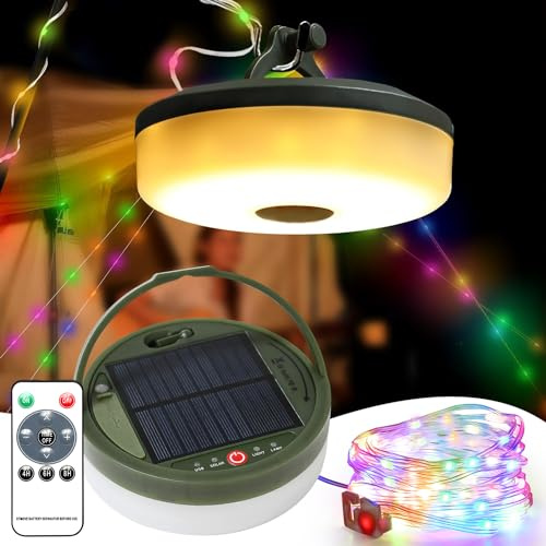 Solar Camping Lichterkette Aufrollbar-Solar und USB Ladung Campinglampe mit Lichterkette Außen 10m, Wasserdichte Tragbare CampingLight Lichterkette, 8 Modi Campinglampe für Camping Garten Deko
